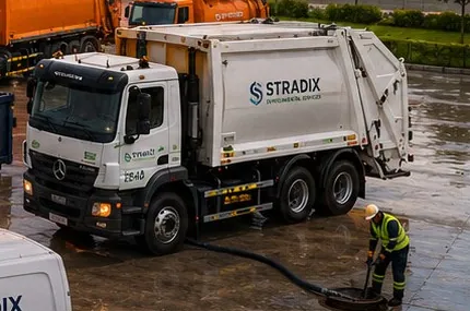 S-TRADIX technician working at a manhole beside a waste truck