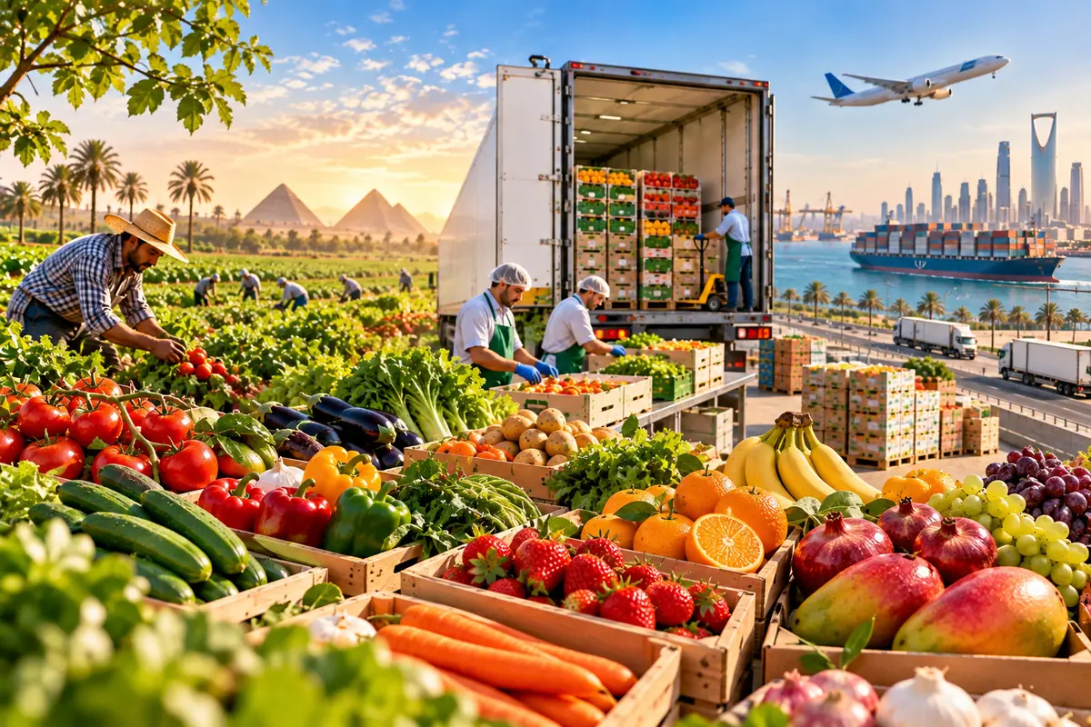 Farm workers loading crates of fresh Egyptian produce into a refrigerated truck bound for Saudi Arabia
