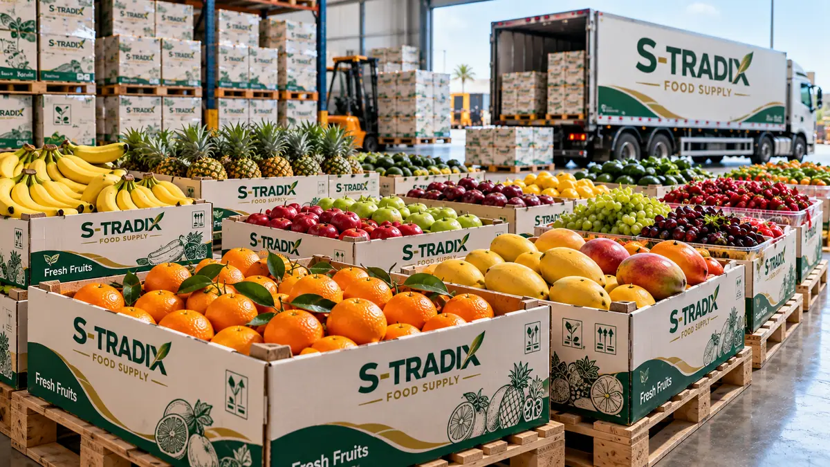 S-TRADIX cartons of fresh fruit in the warehouse
