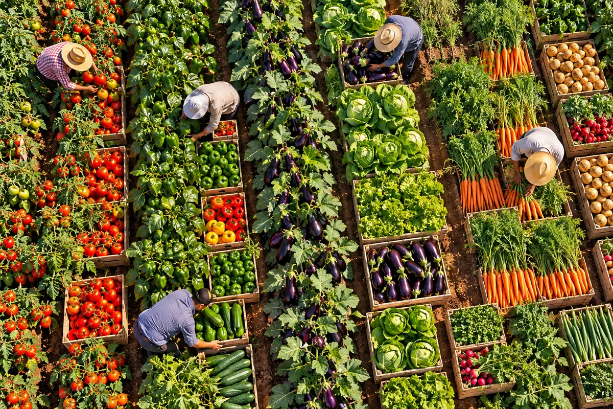 Aerial view of farm workers harvesting rows of vegetables into crates