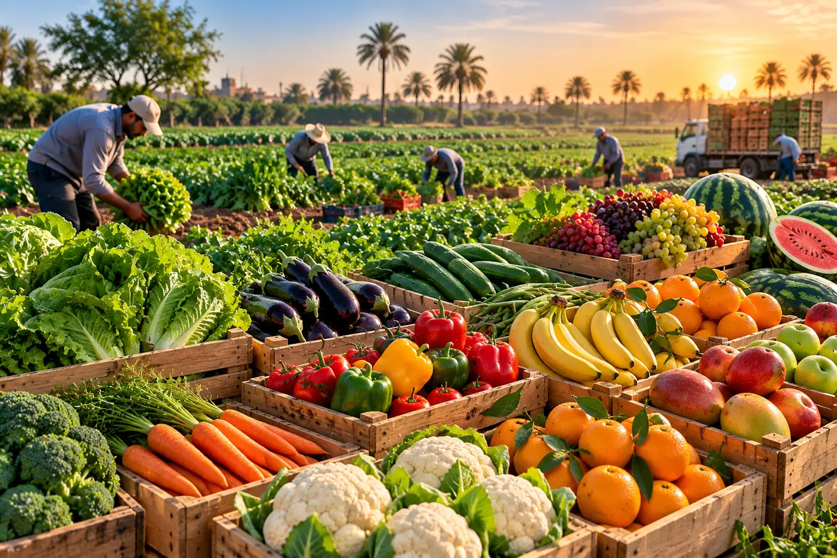 Crates of fresh fruit and vegetables at an Egyptian farm at golden hour