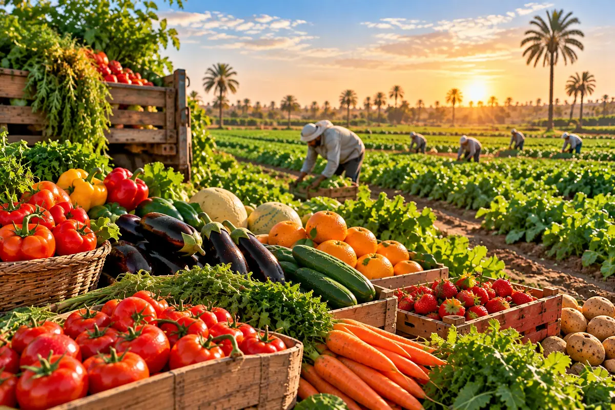 Crates of tomatoes, peppers, carrots and eggplant at an Egyptian farm at sunrise