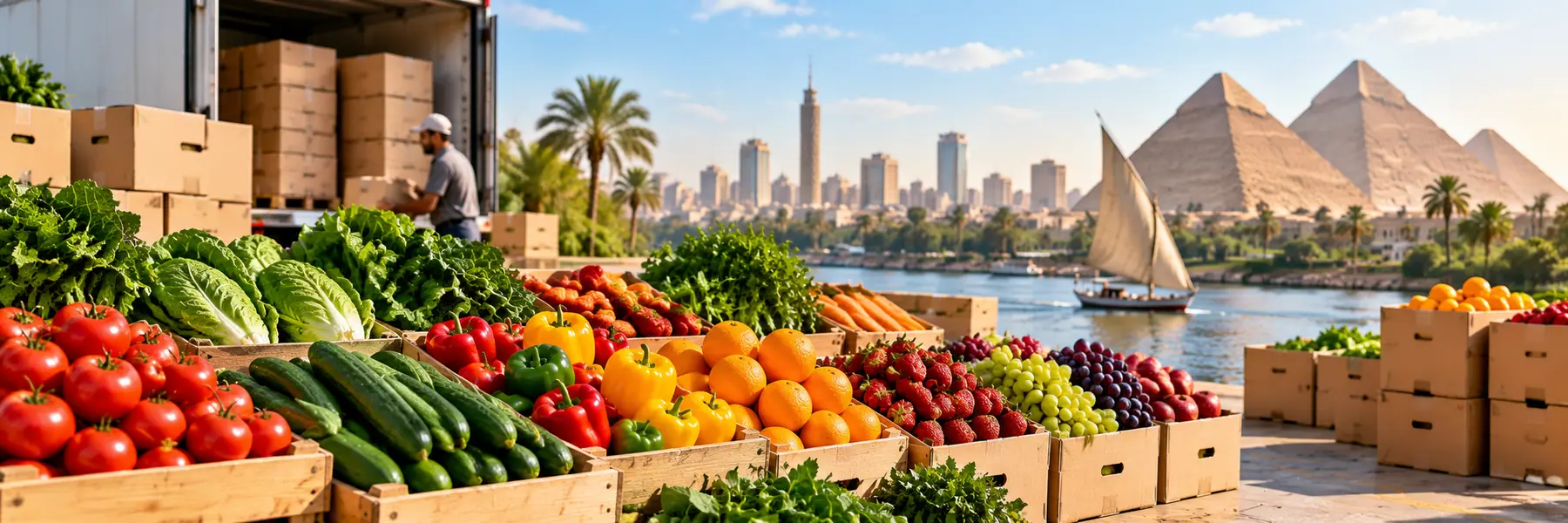 Panorama of fresh produce and cartons on the Nile with the pyramids