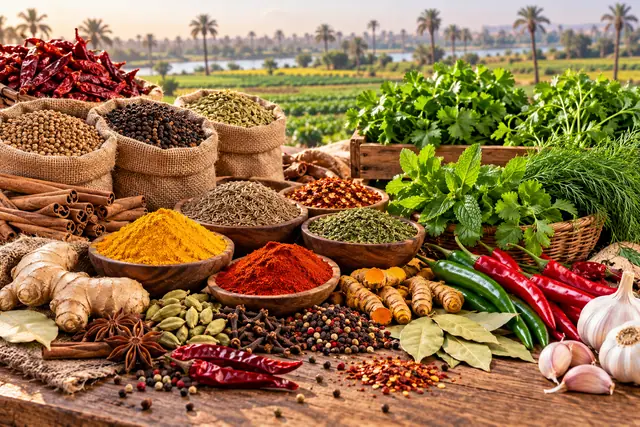 Sacks and bowls of Egyptian spices