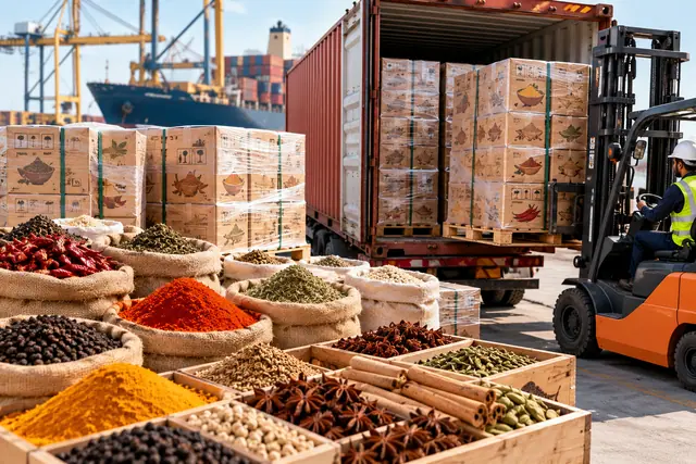 Sacks of spices and cartons at the harbour