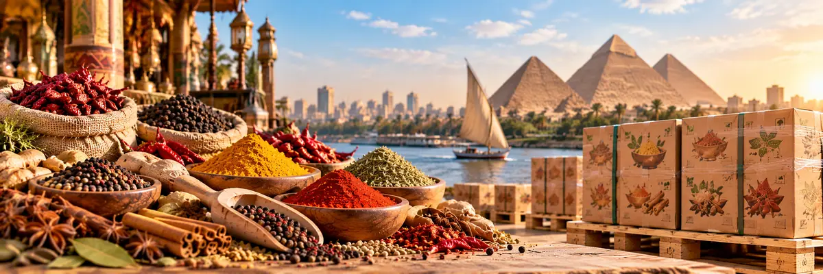 Egyptian spices and packed cartons by the Nile with the pyramids behind