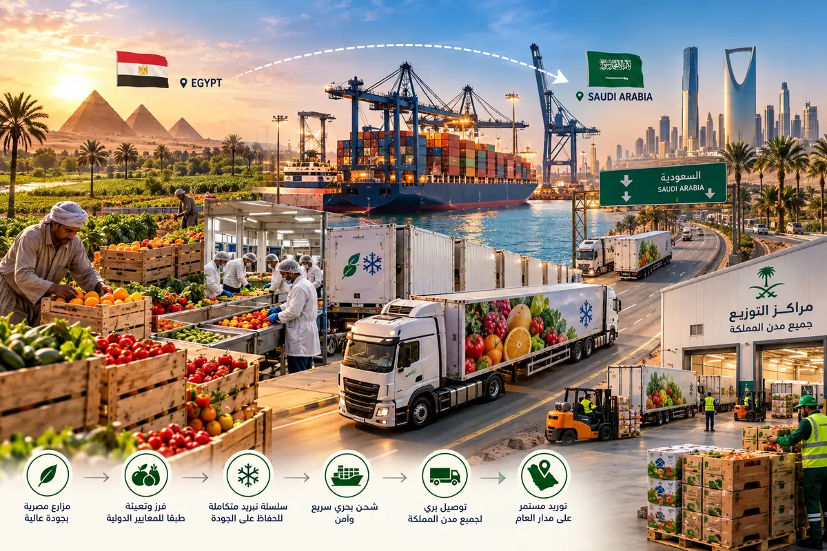 Infographic of the S-TRADIX fresh food supply chain from Egyptian farms through packing, cold chain and sea shipping to distribution centres across Saudi Arabia