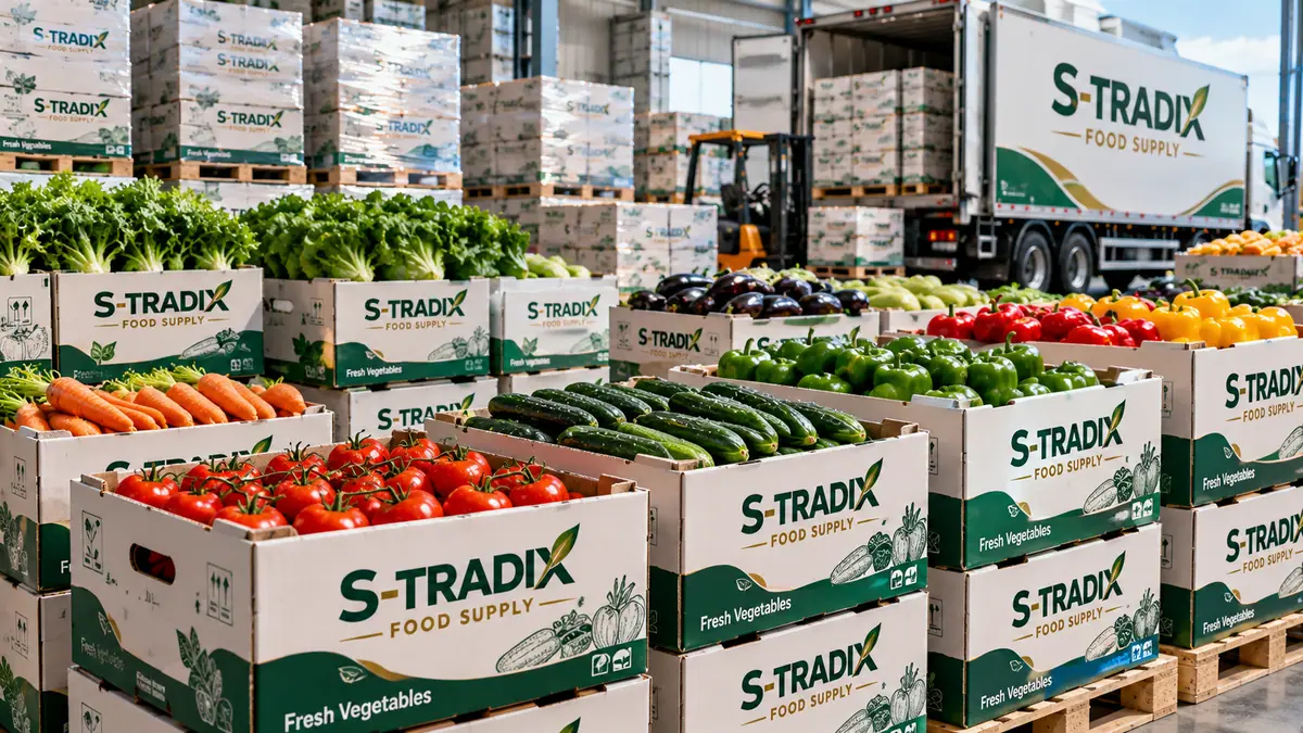 S-TRADIX cartons of fresh vegetables in the warehouse