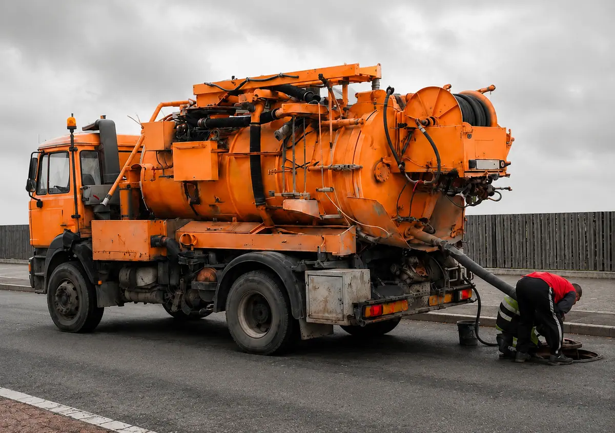 S-TRADIX vacuum truck crew cleaning a sewer manhole