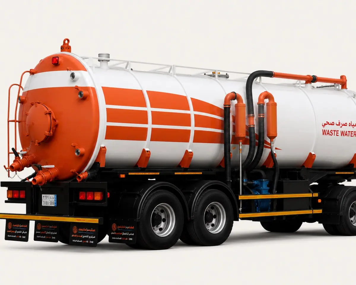 Orange and white S-TRADIX waste-water vacuum tanker