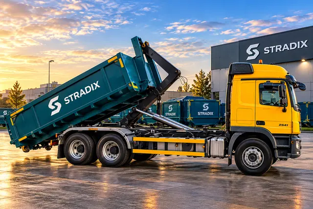 S-TRADIX hook-lift truck unloading a green roll-off container