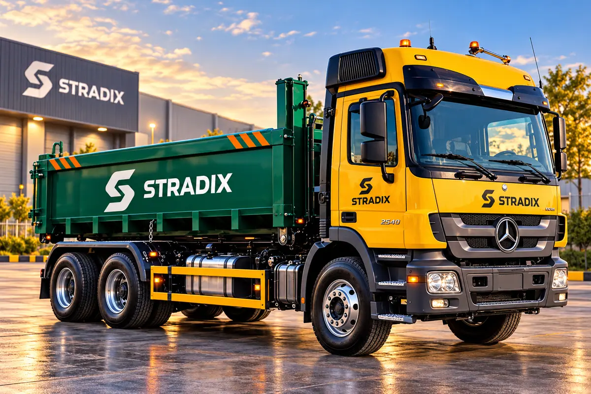 Yellow S-TRADIX hook-lift truck carrying a green roll-off container