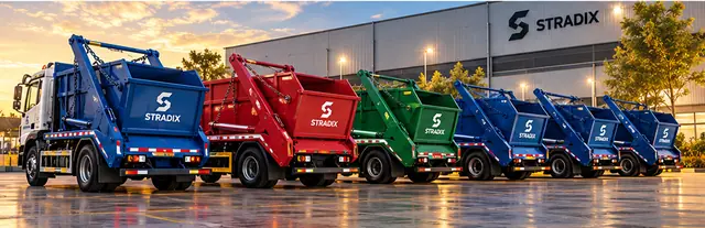 Row of S-TRADIX skip-loader trucks in blue, red and green