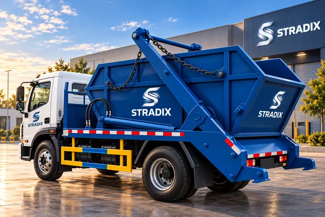 Blue S-TRADIX skip-loader truck carrying a skip