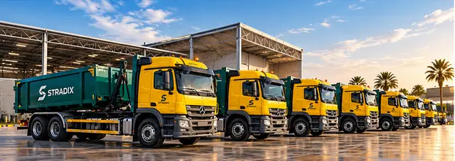 Row of yellow S-TRADIX hook-lift trucks