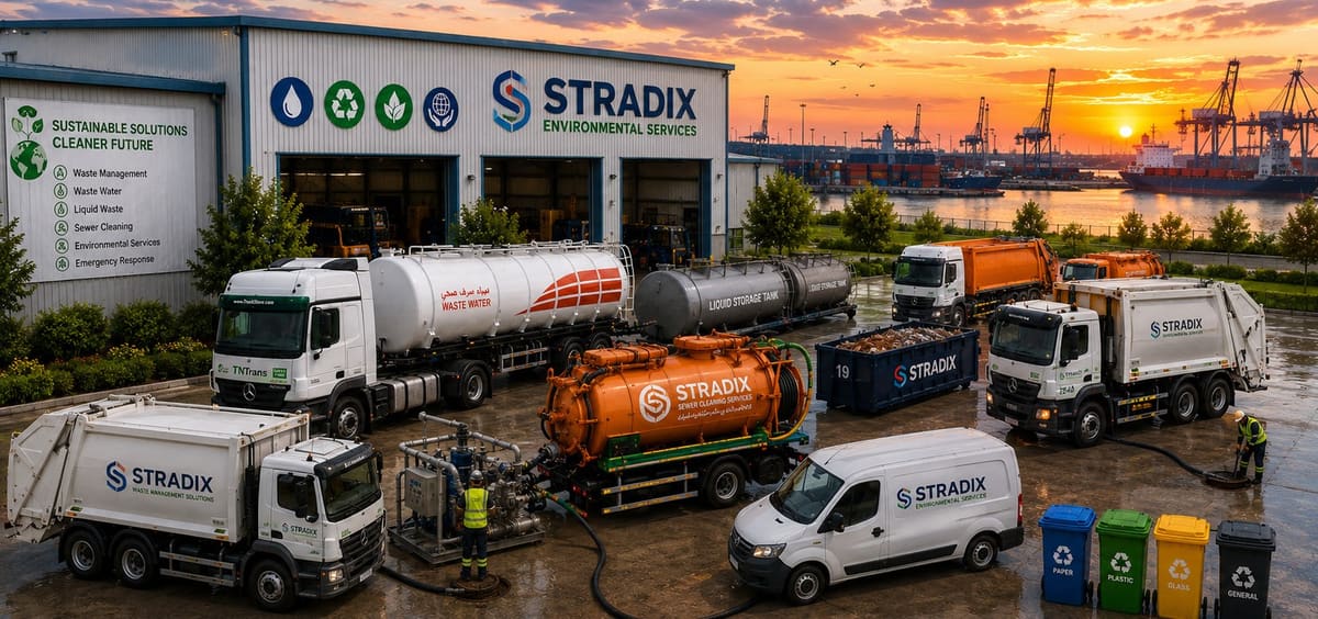 S-TRADIX Environmental Services depot with waste-water tankers, sewer-cleaning truck, waste trucks and recycling bins