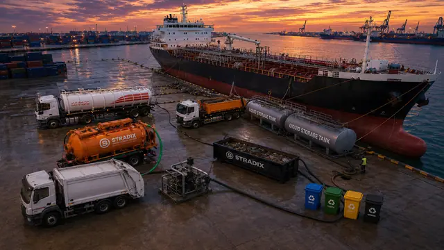 S-TRADIX tankers and liquid storage tanks beside a vessel at port
