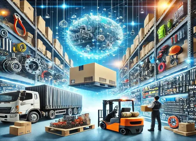 Illustration of a warehouse with industrial parts, a truck and a forklift