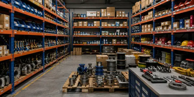 Warehouse stocked with valves, flanges and spare parts