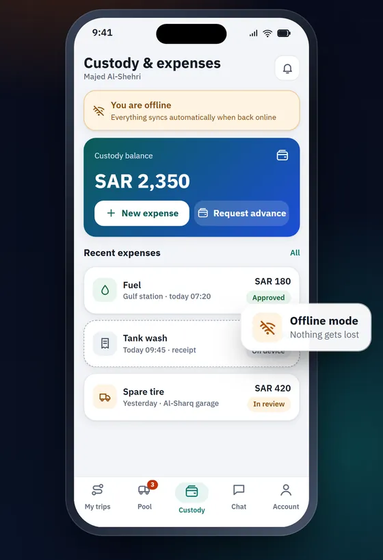 ZORA custody and expenses screen in offline mode
